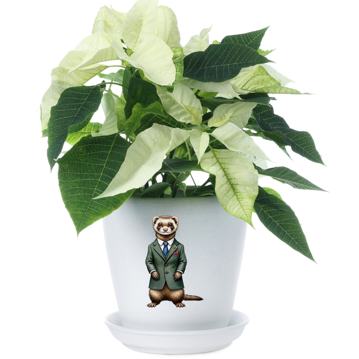 Ferret In Green Suit Blue Tie UV DTF sticker applied to a white flower pot