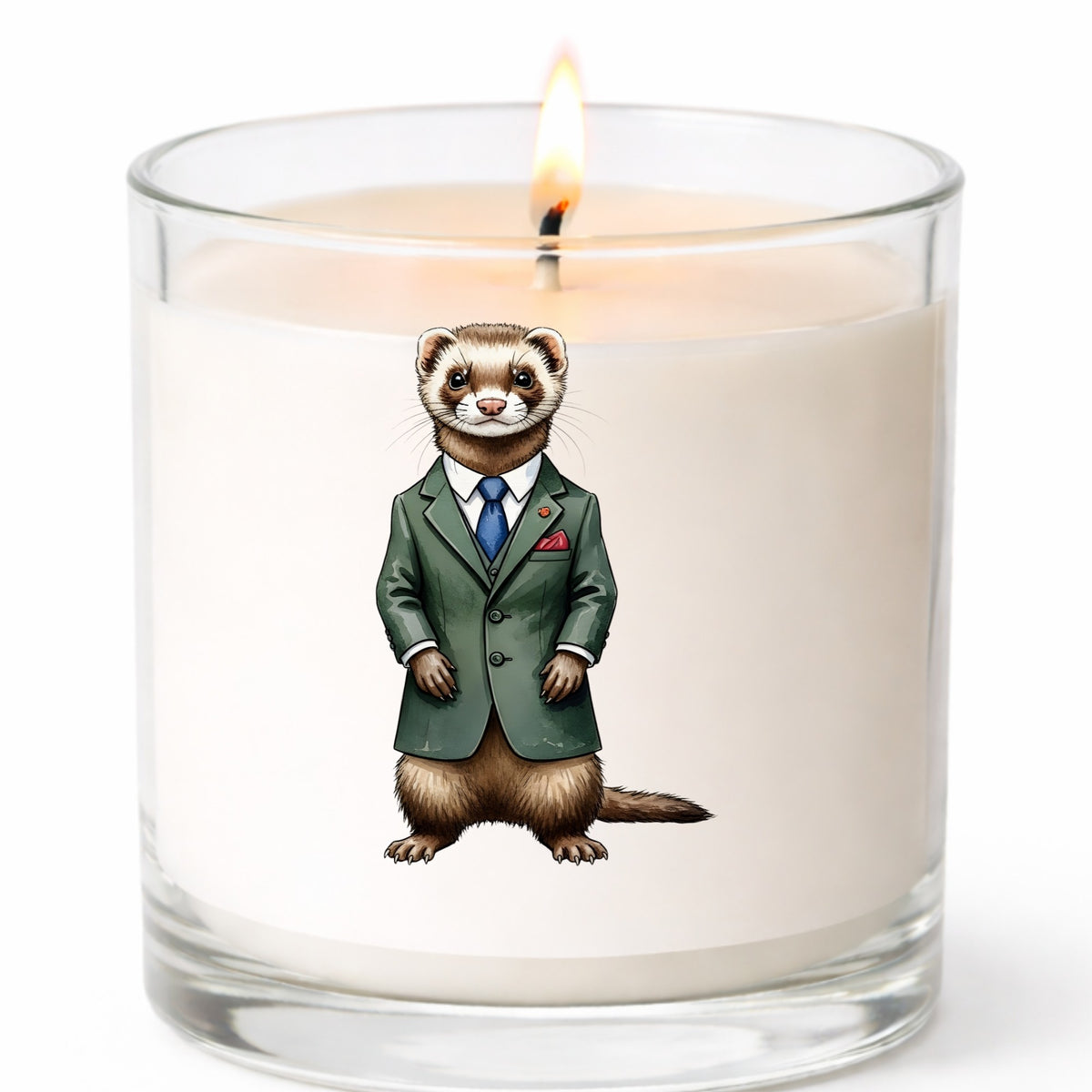 Ferret In Green Suit Blue Tie UV DTF sticker applied to a white candle in a clear glass jar