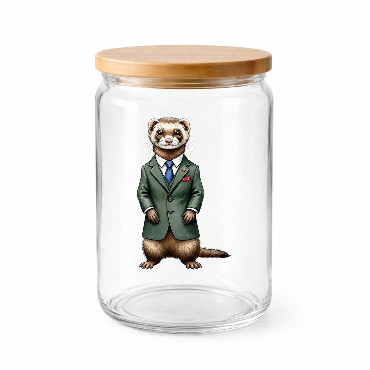 Ferret In Green Suit Blue Tie UV DTF sticker applied to a clear glass jar with a wooden lid