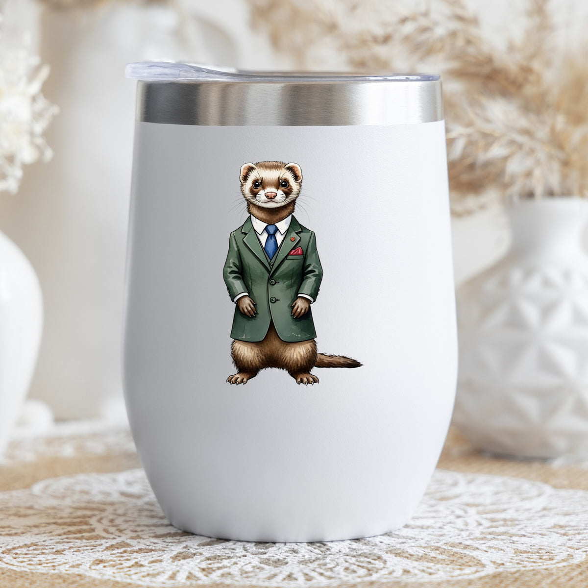 Ferret In Green Suit Blue Tie UV DTF sticker applied to a white stemless tumbler with a lid