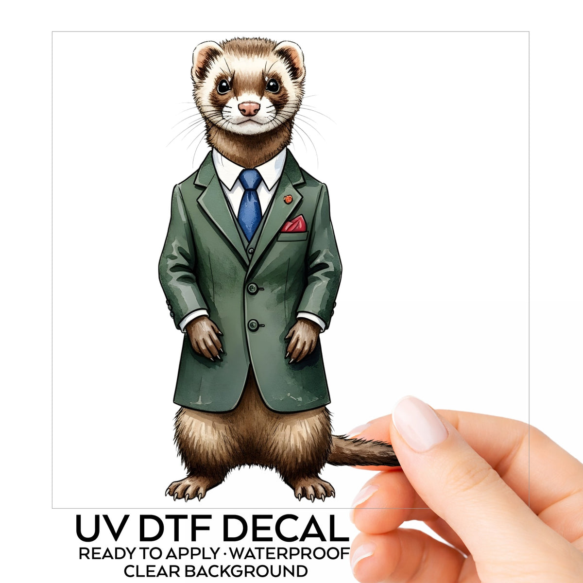 Ferret In Green Suit Blue Tie UV DTF sticker on its backing card, held in hand