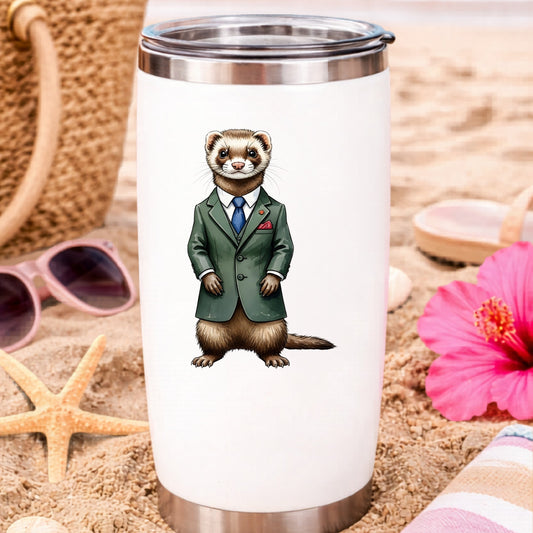 Ferret In Green Suit Blue Tie UV DTF sticker applied to a white travel tumbler on beach sand