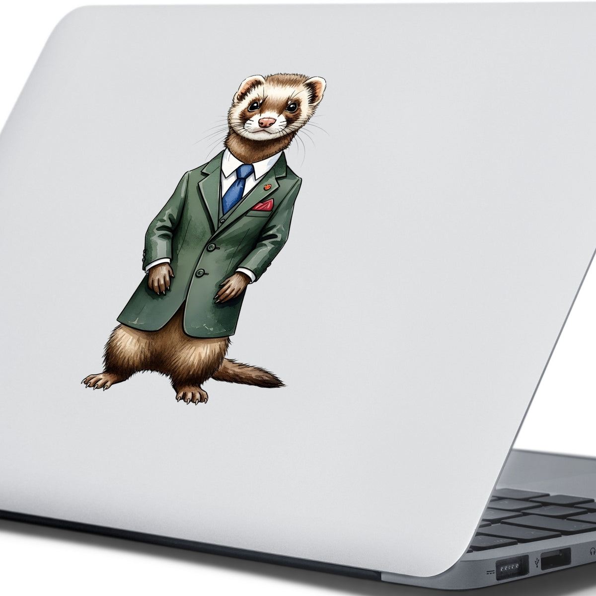 Ferret In Green Suit Blue Tie UV DTF sticker applied to the lid of a silver laptop
