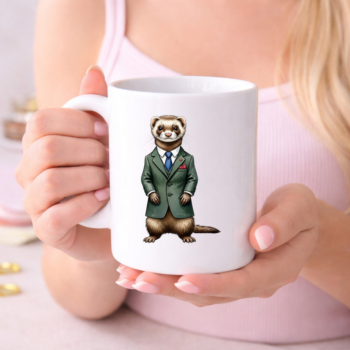 Ferret In Green Suit Blue Tie UV DTF sticker applied to a white coffee mug held in both hands