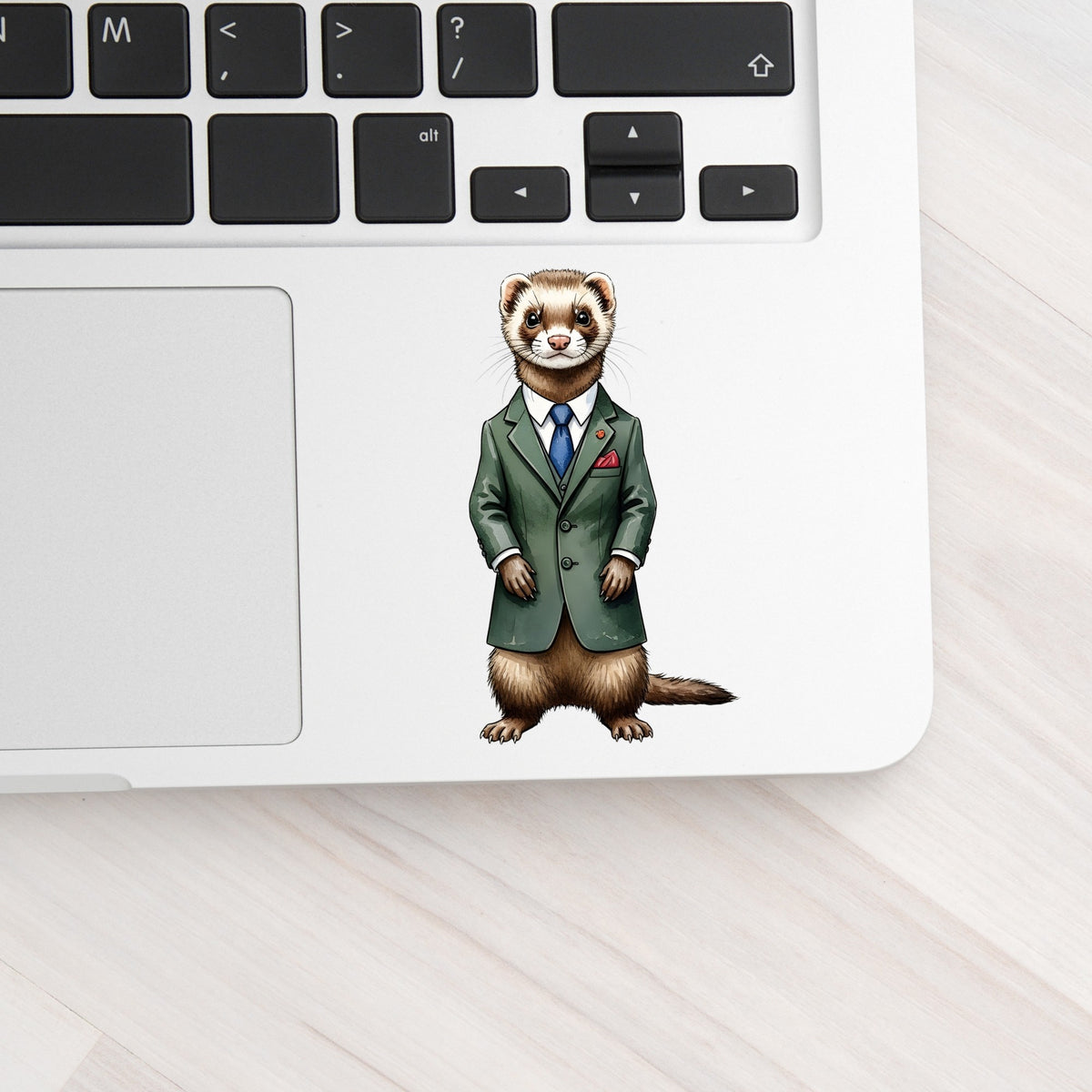 Ferret In Green Suit Blue Tie UV DTF sticker applied to a silver laptop beside the keyboard