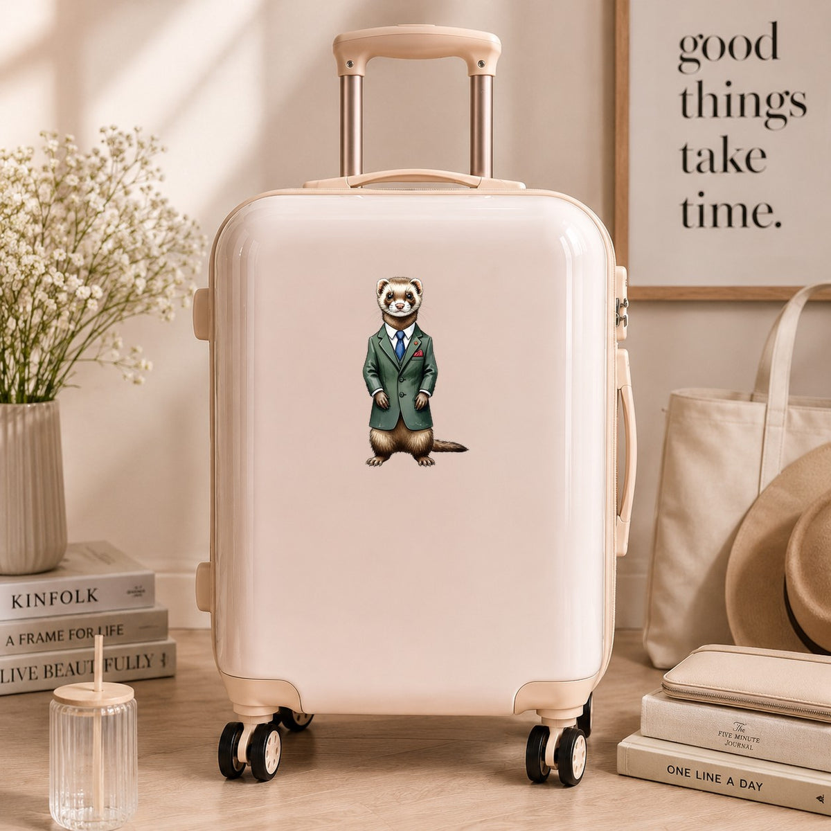 Ferret In Green Suit Blue Tie UV DTF sticker applied to a cream carry-on suitcase