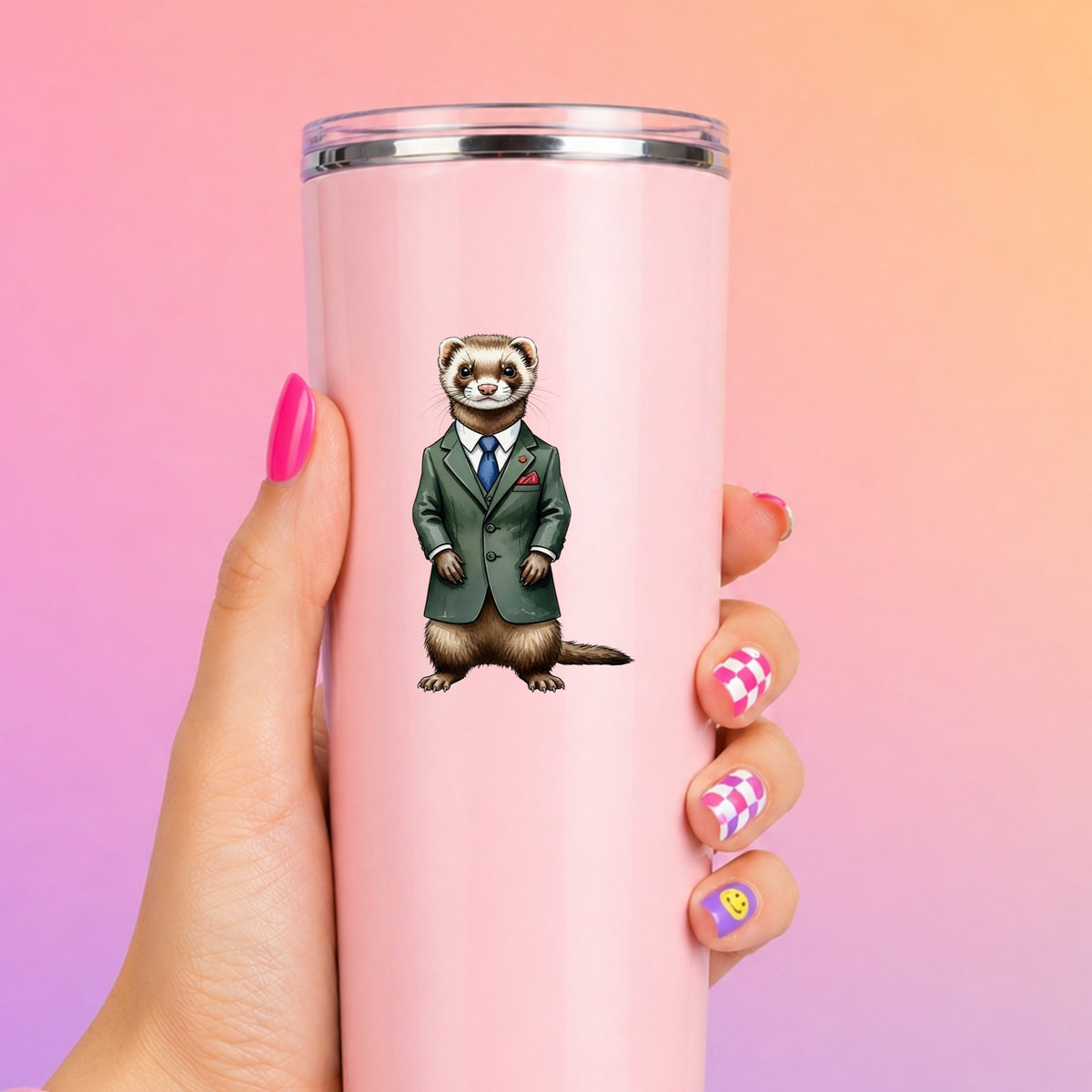 Ferret In Green Suit Blue Tie UV DTF sticker applied to a tall pink tumbler on a pink and orange background