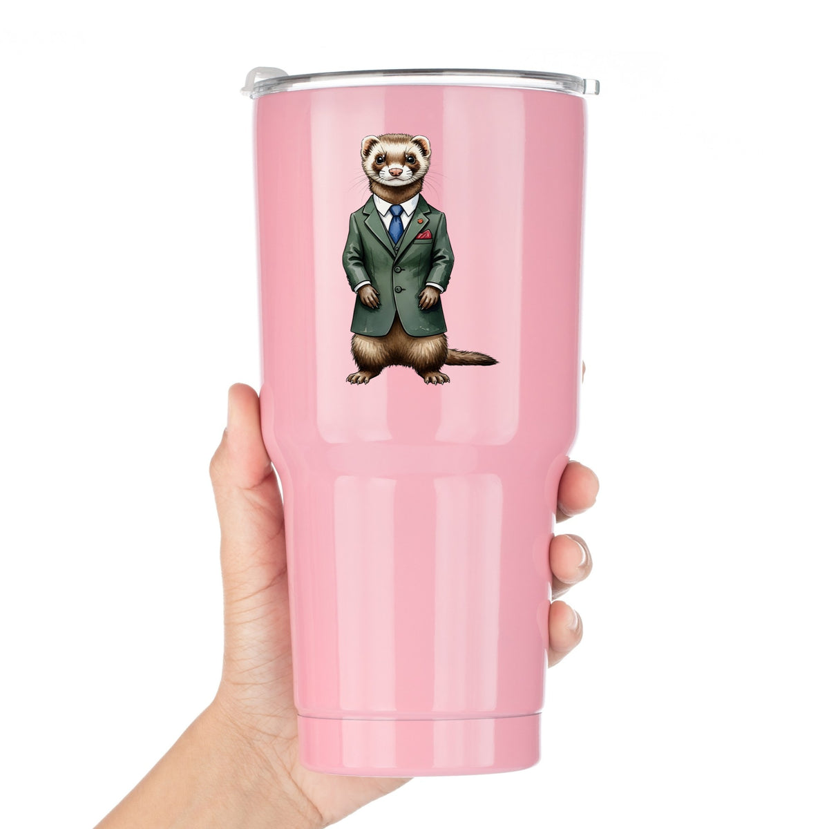 Ferret In Green Suit Blue Tie UV DTF sticker applied to a pink tumbler held against a white background