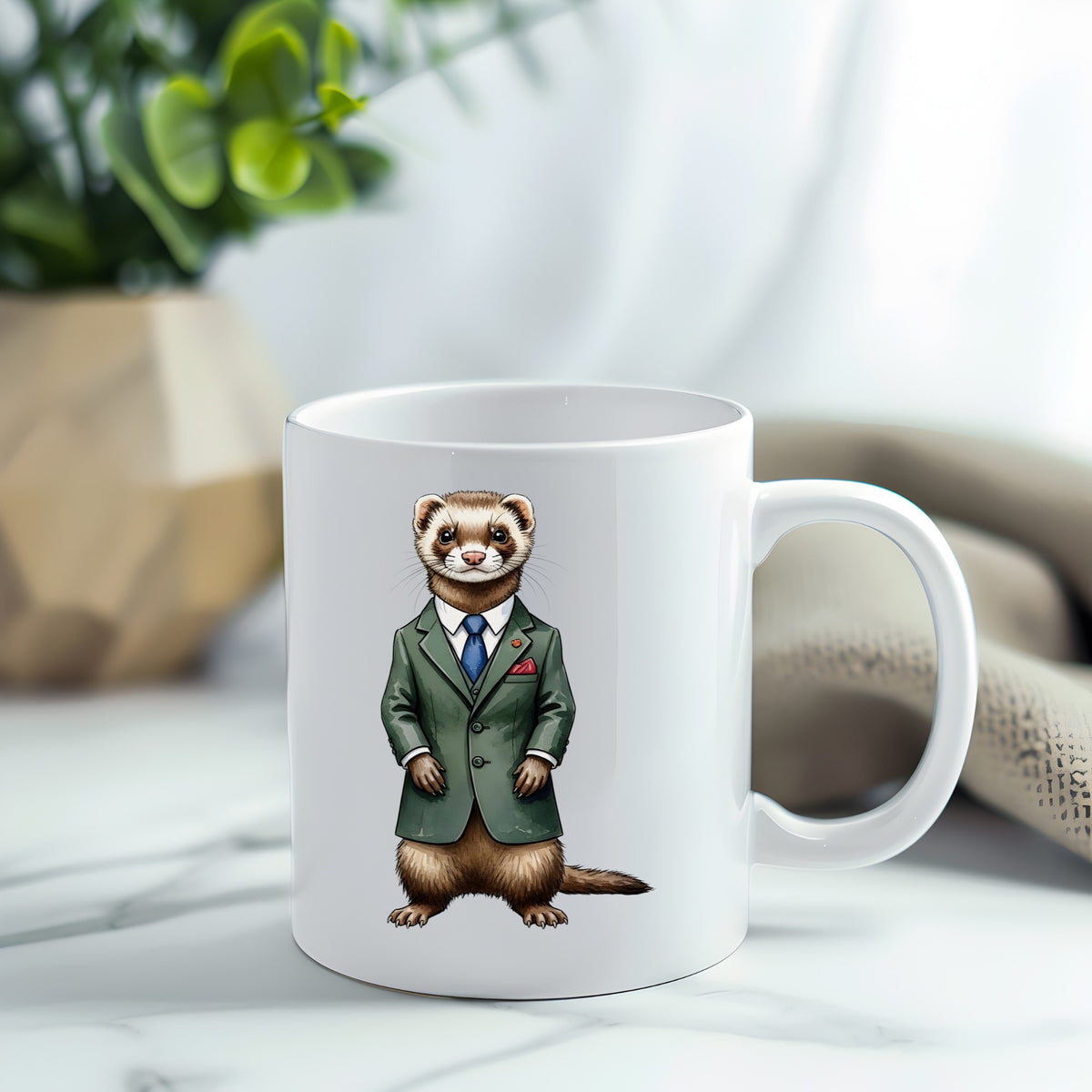 Ferret In Green Suit Blue Tie UV DTF sticker applied to a white coffee mug