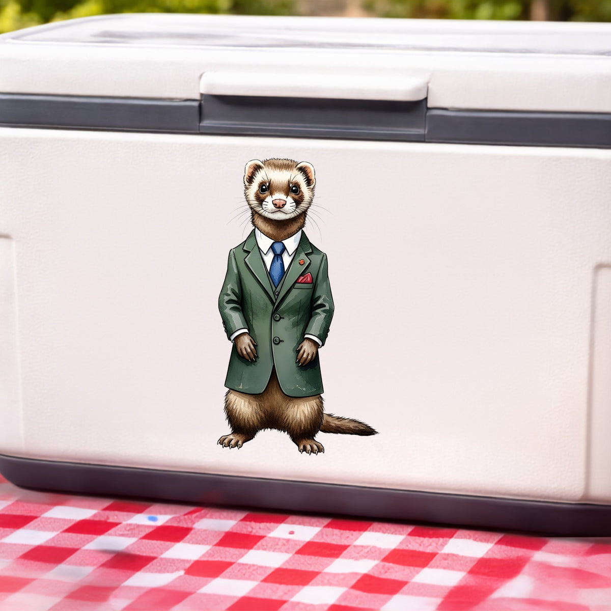 Ferret In Green Suit Blue Tie UV DTF sticker applied to a white cooler on a red gingham cloth