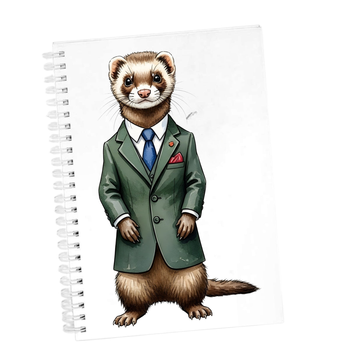 Ferret In Green Suit Blue Tie UV DTF sticker applied to the cover of a white spiral journal
