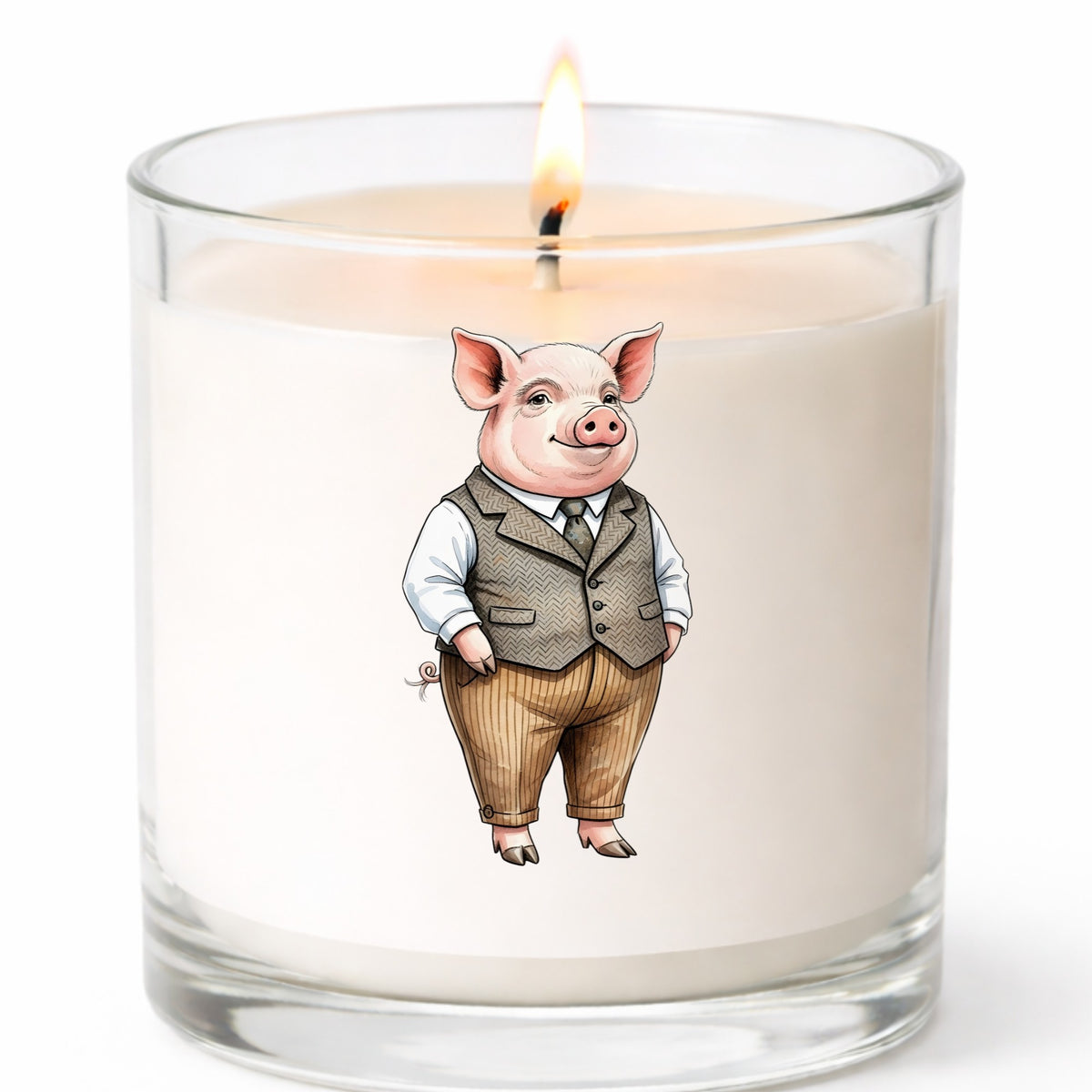 Pig In Tweed Vest UV DTF sticker applied to a white candle in a clear glass jar