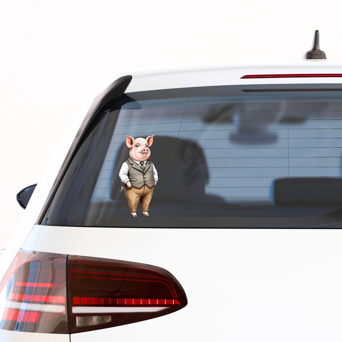 Pig In Tweed Vest UV DTF sticker applied to the rear window of a white car