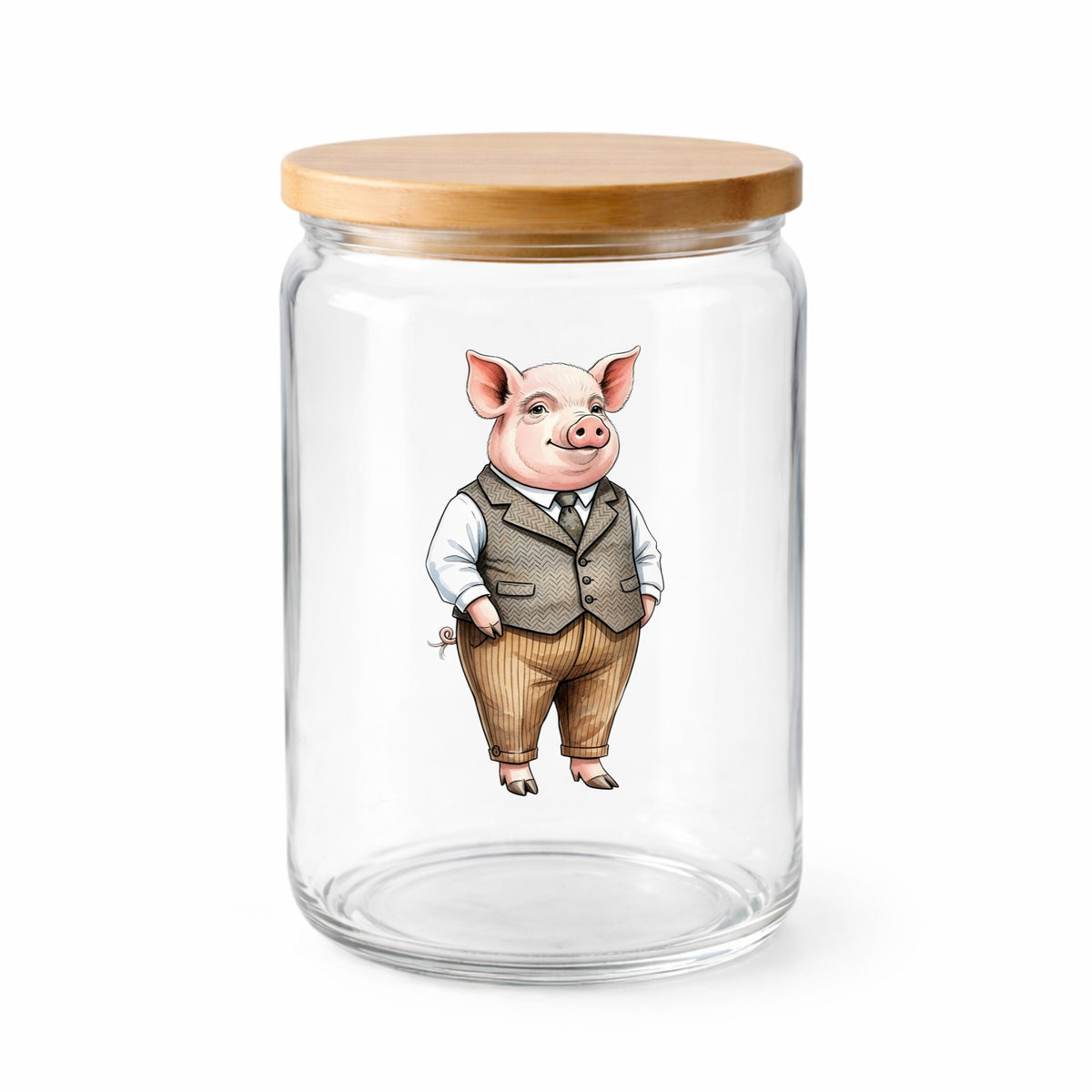 Pig In Tweed Vest UV DTF sticker applied to a clear glass jar with a wooden lid