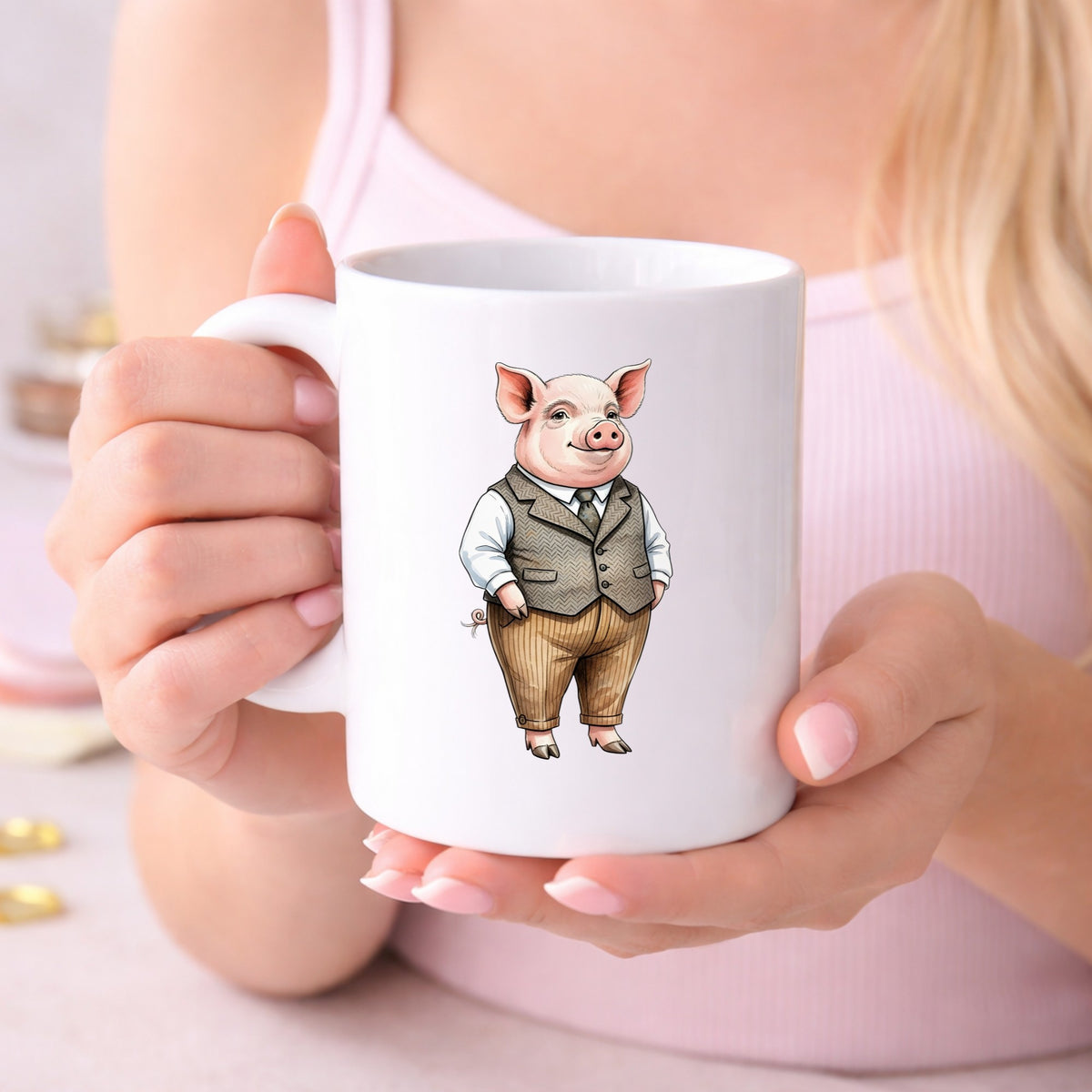 Pig In Tweed Vest UV DTF sticker applied to a white coffee mug held in both hands