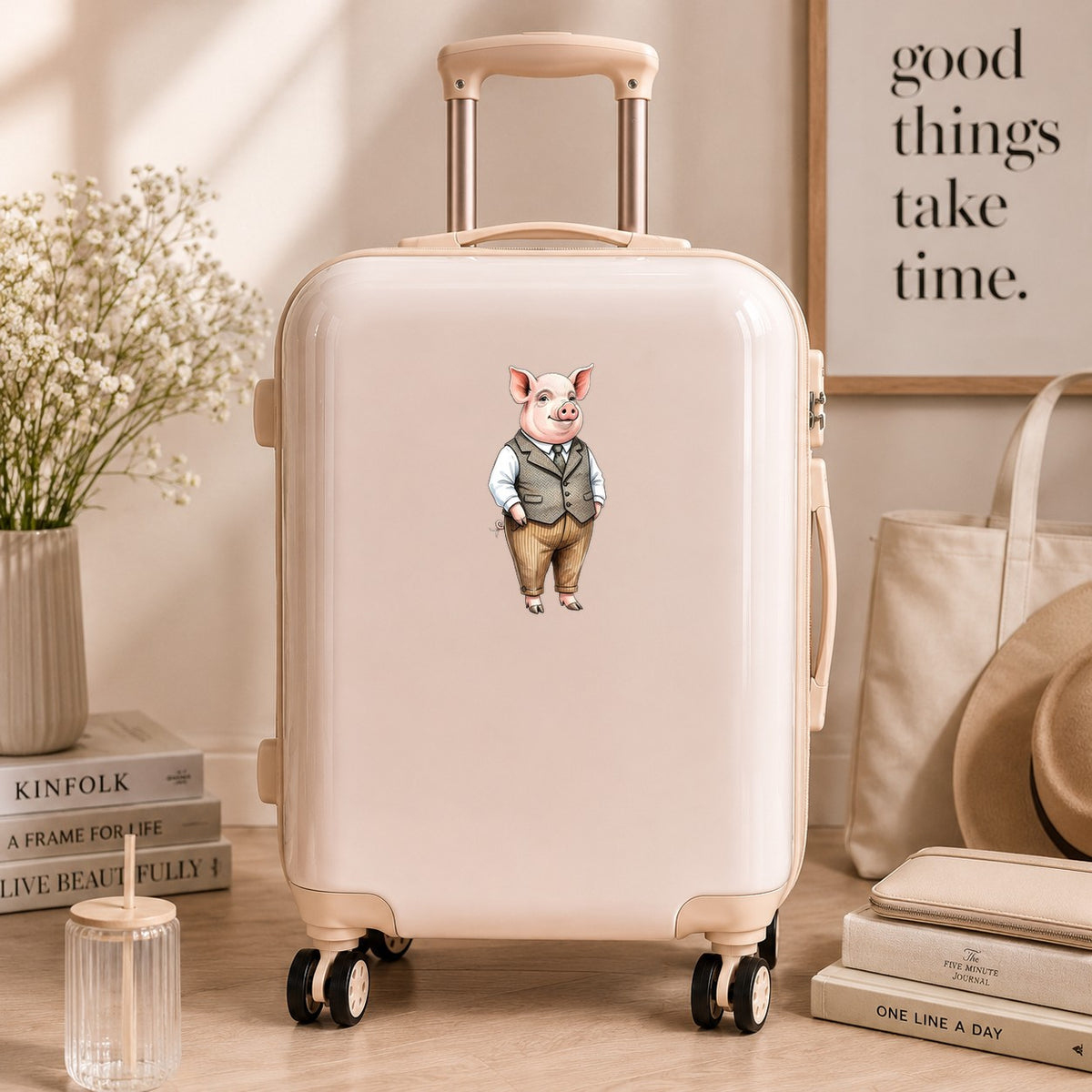Pig In Tweed Vest UV DTF sticker applied to a cream carry-on suitcase