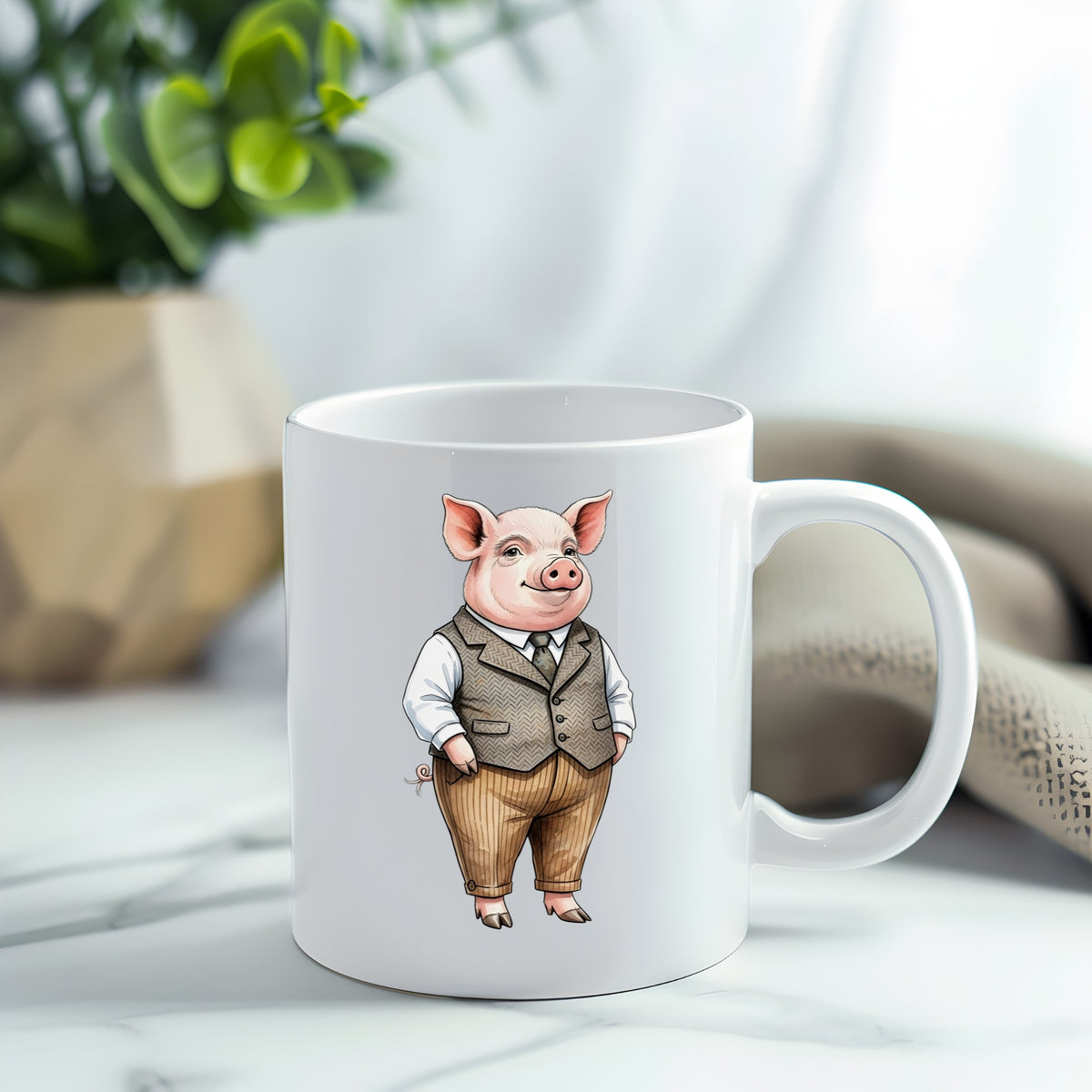 Pig In Tweed Vest UV DTF sticker applied to a white coffee mug