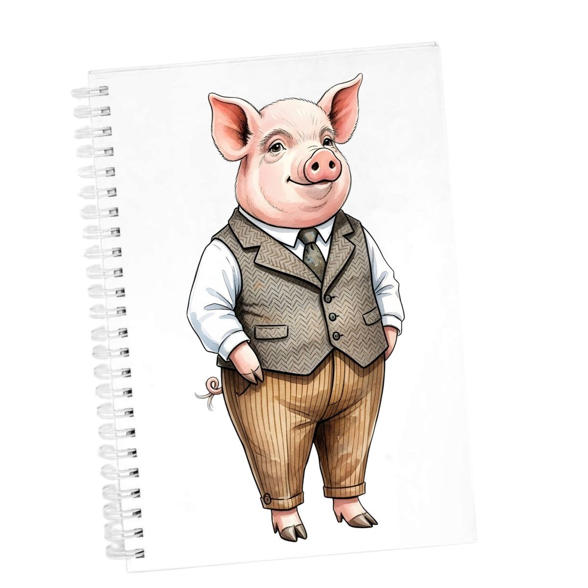 Pig In Tweed Vest UV DTF sticker applied to the cover of a white spiral journal