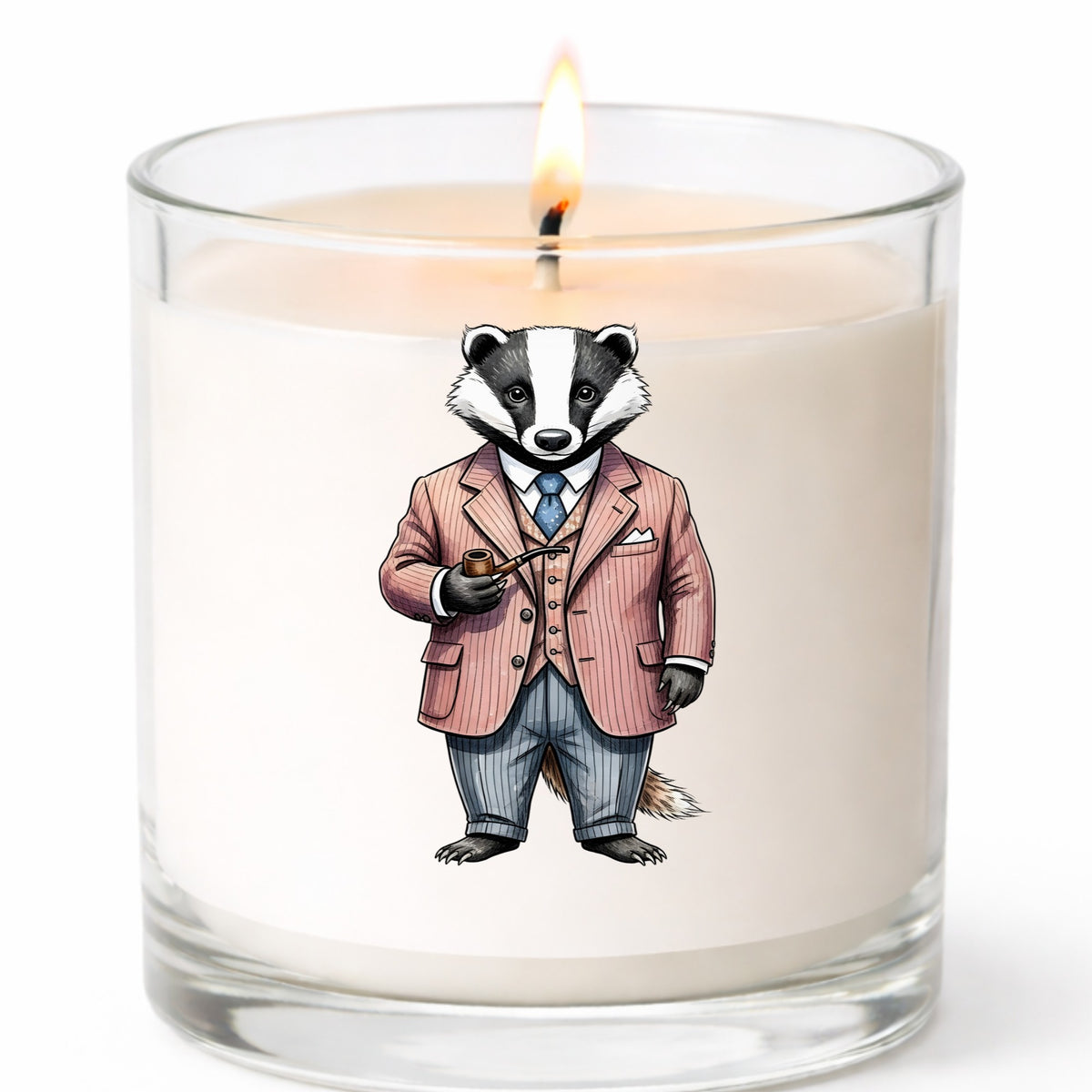 Badger Pink Pinstripe Suit Pipe UV DTF sticker applied to a white candle in a clear glass jar