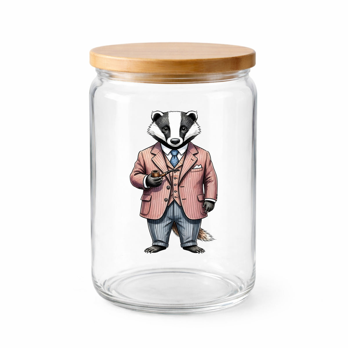 Badger Pink Pinstripe Suit Pipe UV DTF sticker applied to a clear glass jar with a wooden lid
