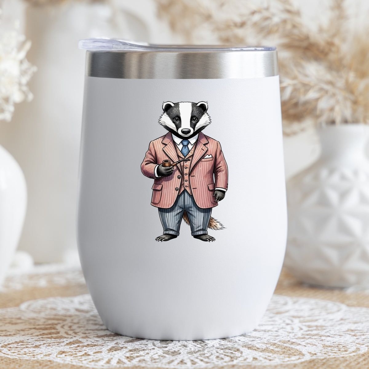 Badger Pink Pinstripe Suit Pipe UV DTF sticker applied to a white stemless tumbler with a lid