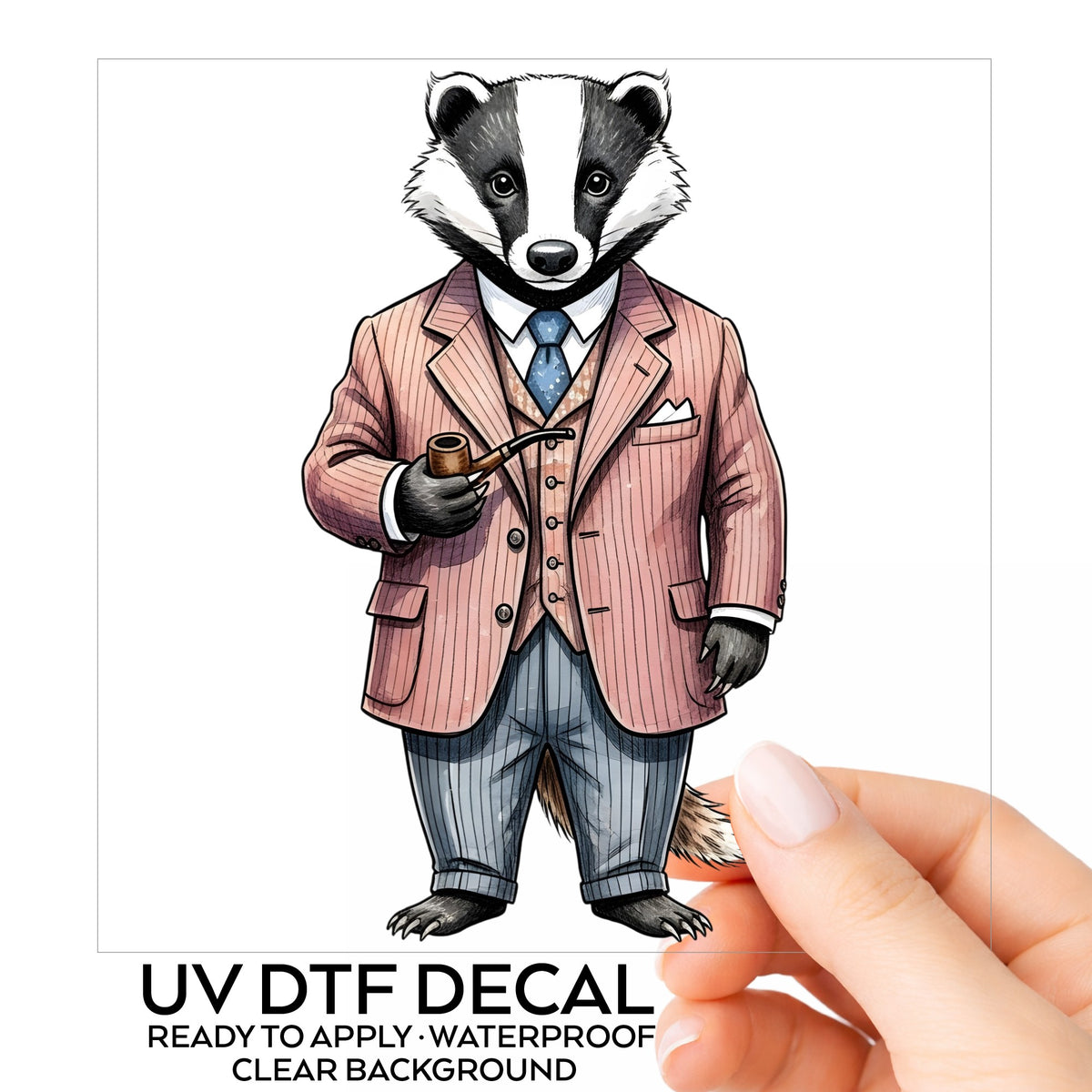 Badger Pink Pinstripe Suit Pipe UV DTF sticker on its backing card, held in hand