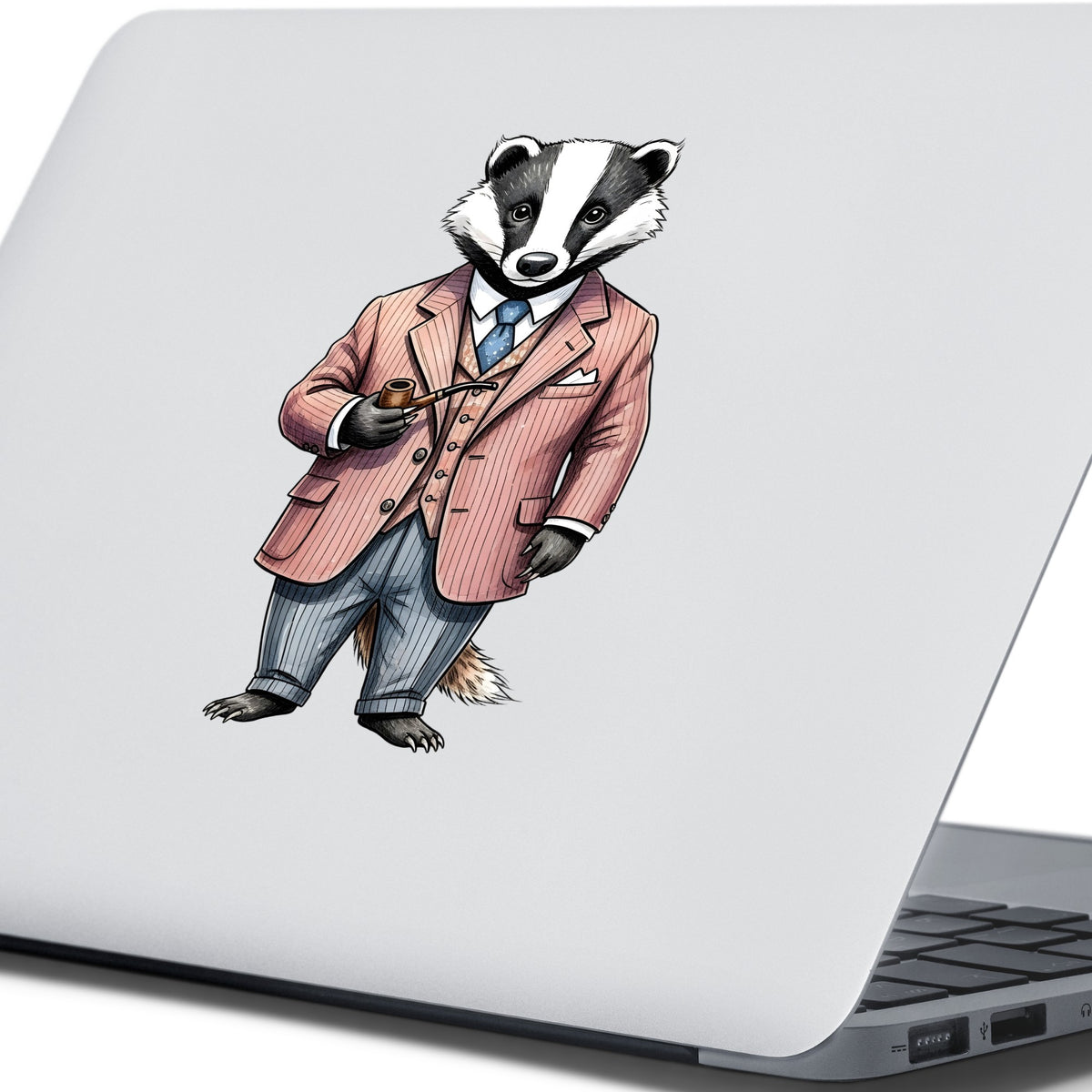 Badger Pink Pinstripe Suit Pipe UV DTF sticker applied to the lid of a silver laptop