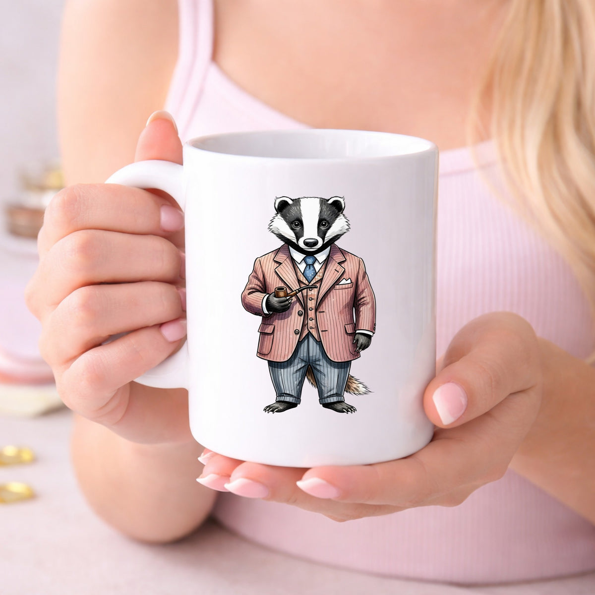 Badger Pink Pinstripe Suit Pipe UV DTF sticker applied to a white coffee mug held in both hands
