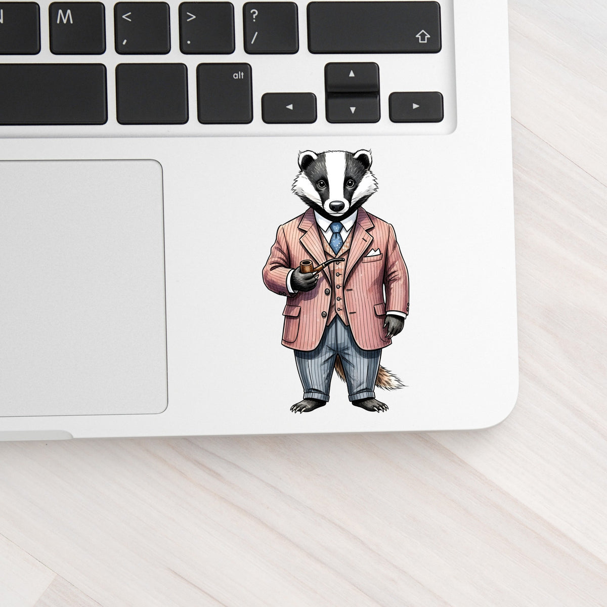 Badger Pink Pinstripe Suit Pipe UV DTF sticker applied to a silver laptop beside the keyboard