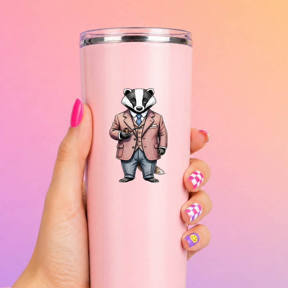 Badger Pink Pinstripe Suit Pipe UV DTF sticker applied to a tall pink tumbler on a pink and orange background