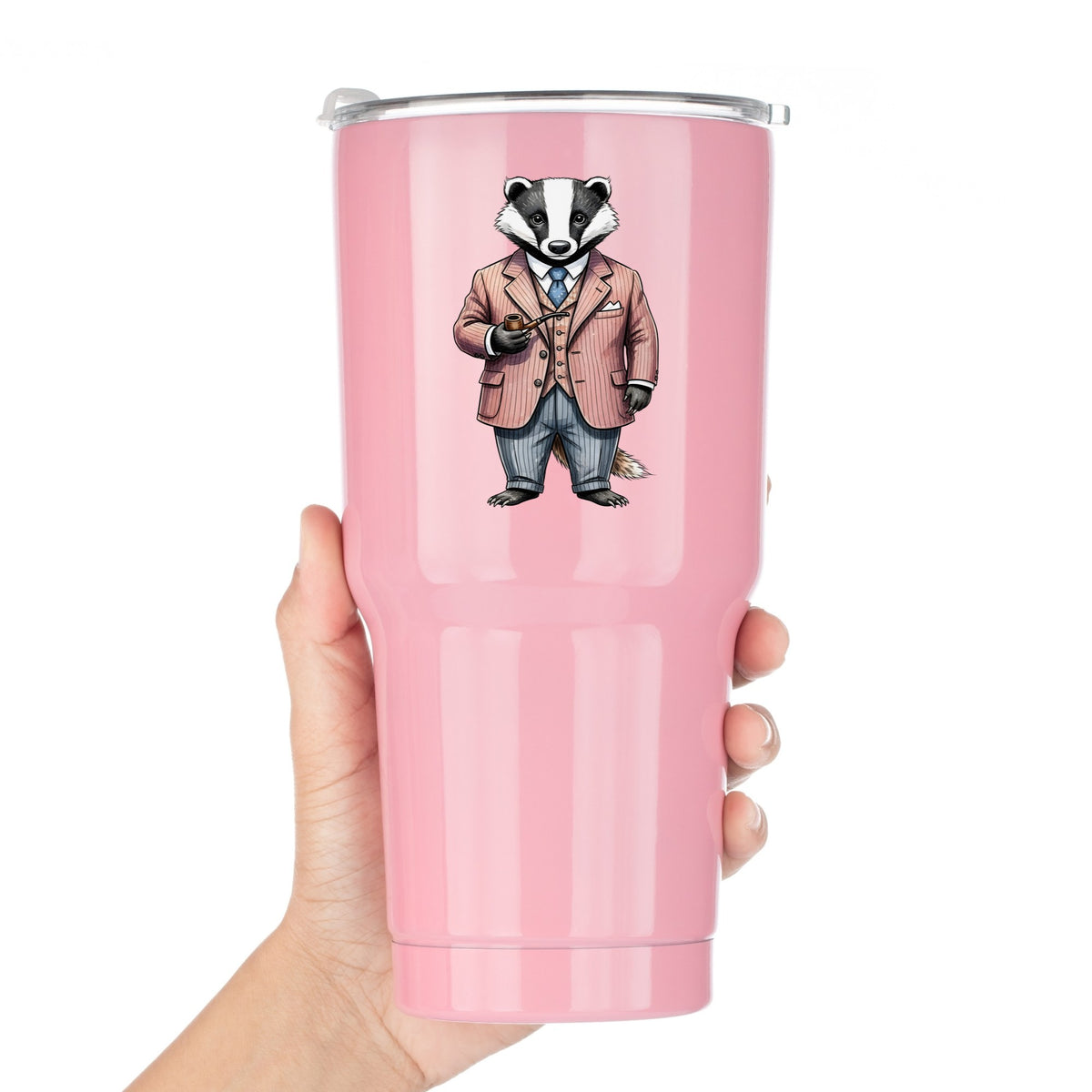 Badger Pink Pinstripe Suit Pipe UV DTF sticker applied to a pink tumbler held against a white background