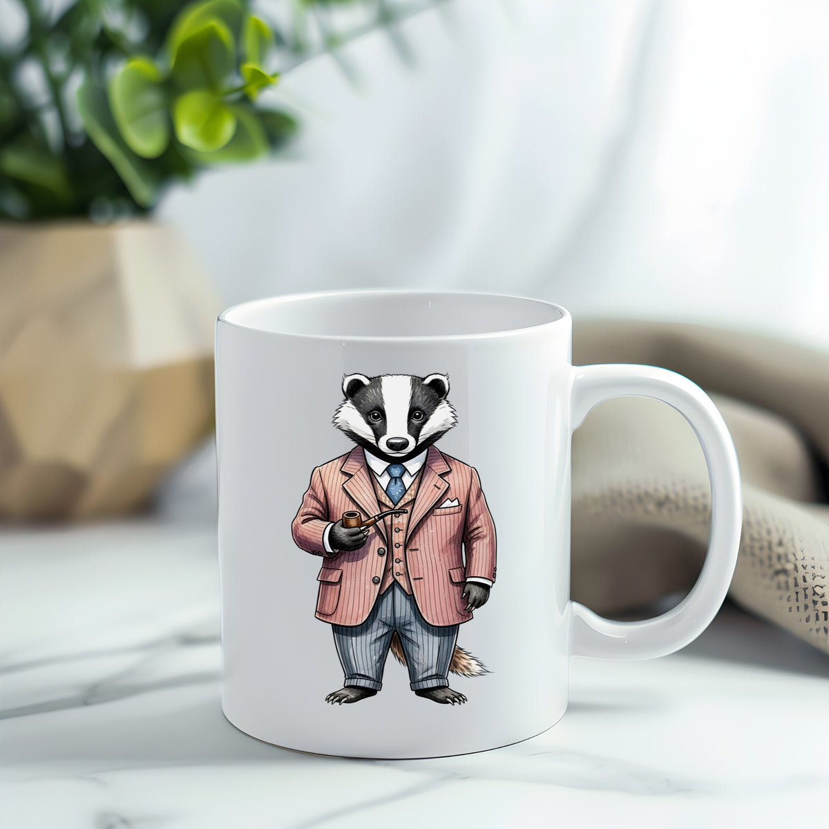 Badger Pink Pinstripe Suit Pipe UV DTF sticker applied to a white coffee mug