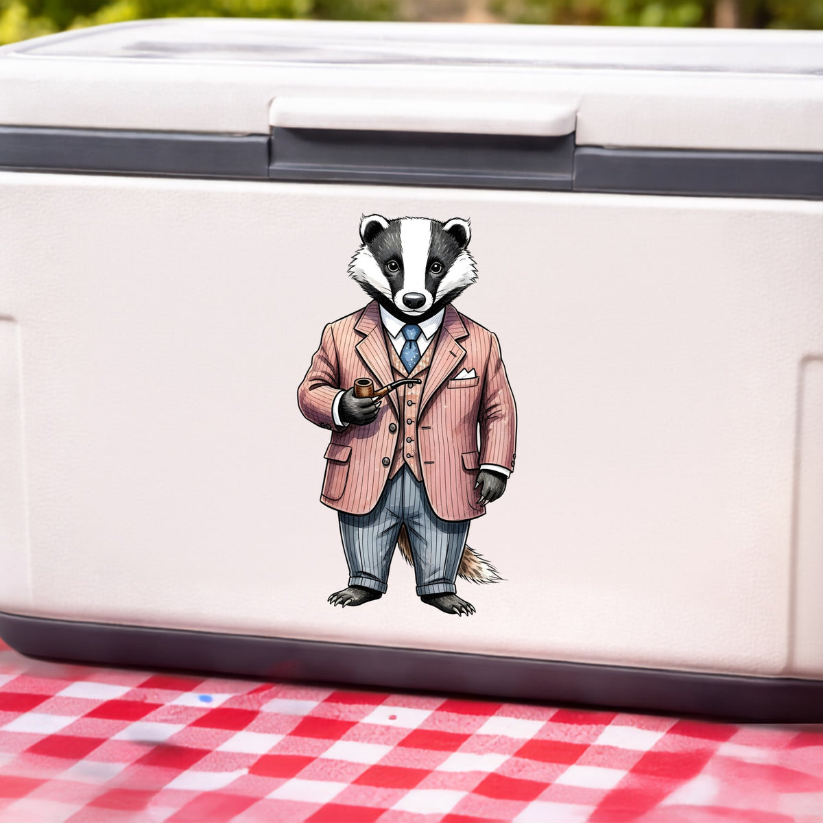 Badger Pink Pinstripe Suit Pipe UV DTF sticker applied to a white cooler on a red gingham cloth