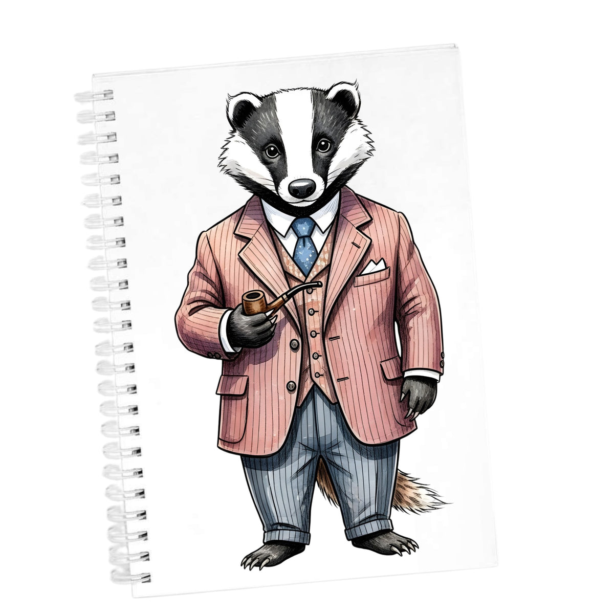 Badger Pink Pinstripe Suit Pipe UV DTF sticker applied to the cover of a white spiral journal