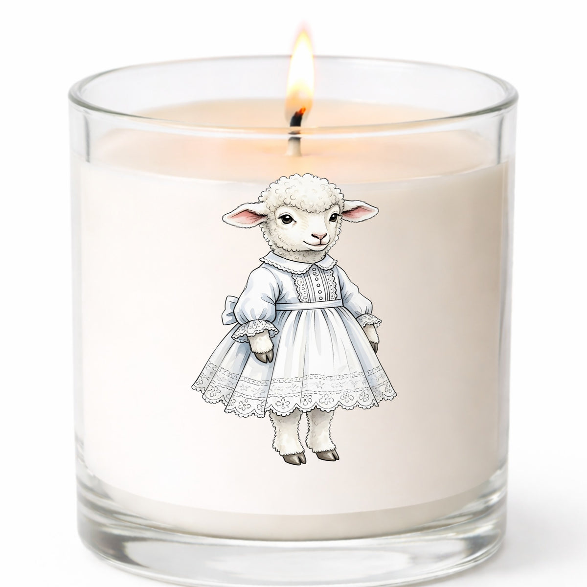 Lamb In White Lace Dress UV DTF sticker applied to a white candle in a clear glass jar