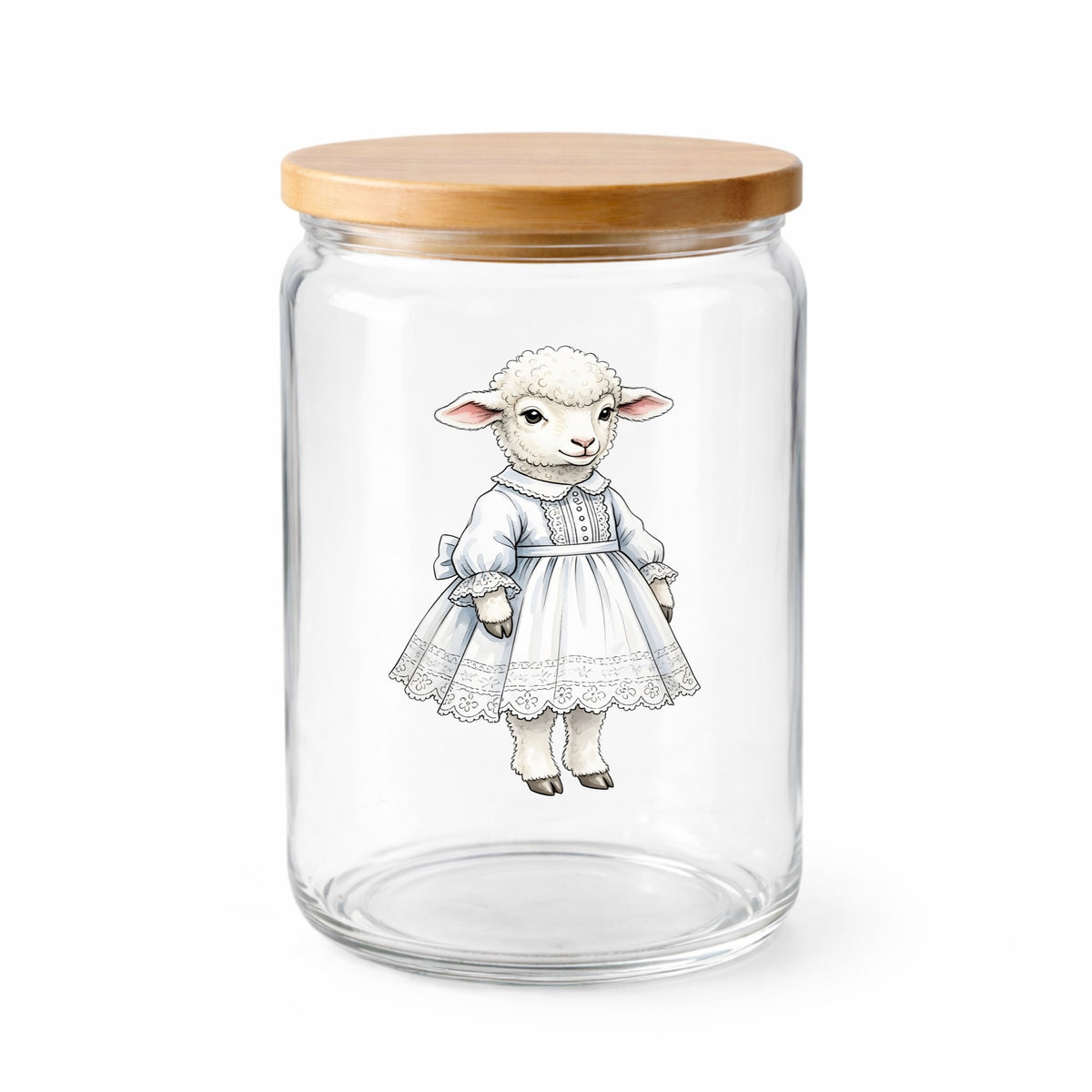 Lamb In White Lace Dress UV DTF sticker applied to a clear glass jar with a wooden lid