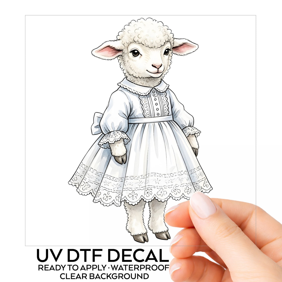 Lamb In White Lace Dress UV DTF sticker on its backing card, held in hand
