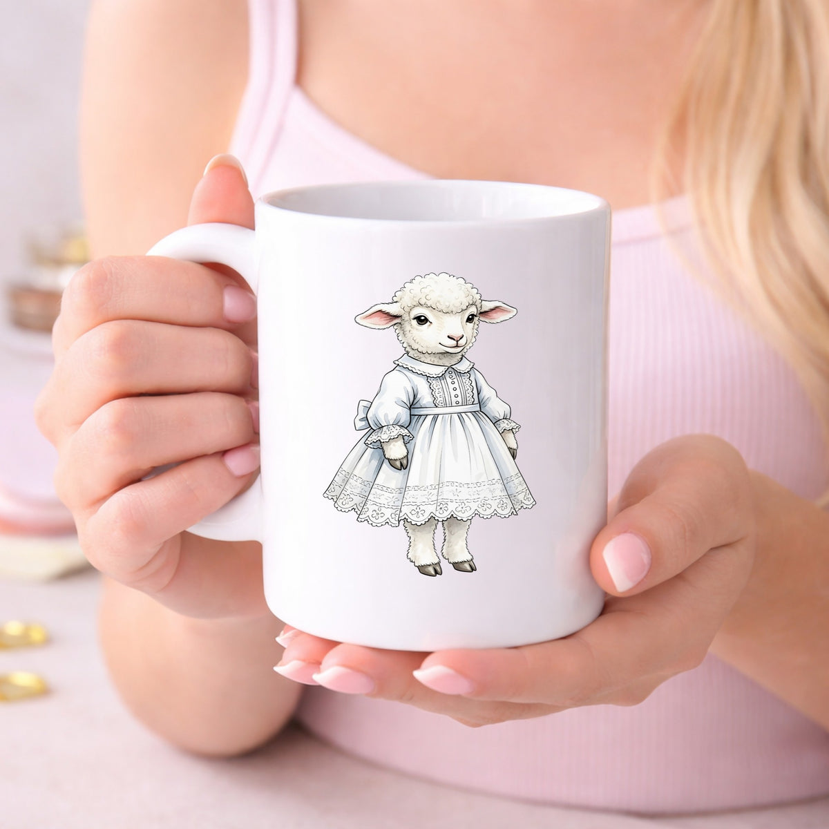 Lamb In White Lace Dress UV DTF sticker applied to a white coffee mug held in both hands