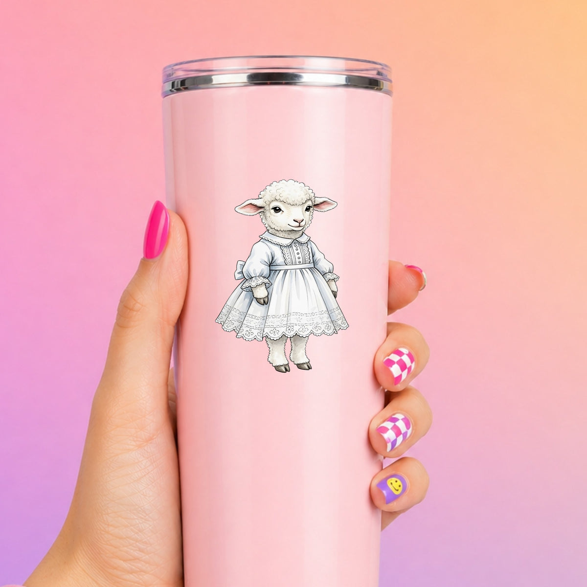 Lamb In White Lace Dress UV DTF sticker applied to a tall pink tumbler on a pink and orange background
