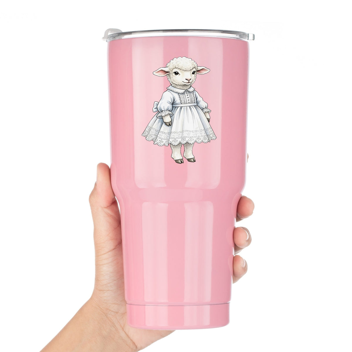 Lamb In White Lace Dress UV DTF sticker applied to a pink tumbler held against a white background