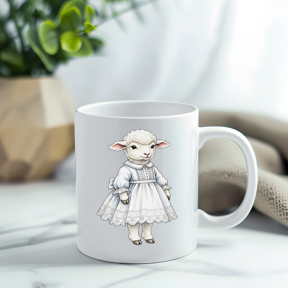 Lamb In White Lace Dress UV DTF sticker applied to a white coffee mug