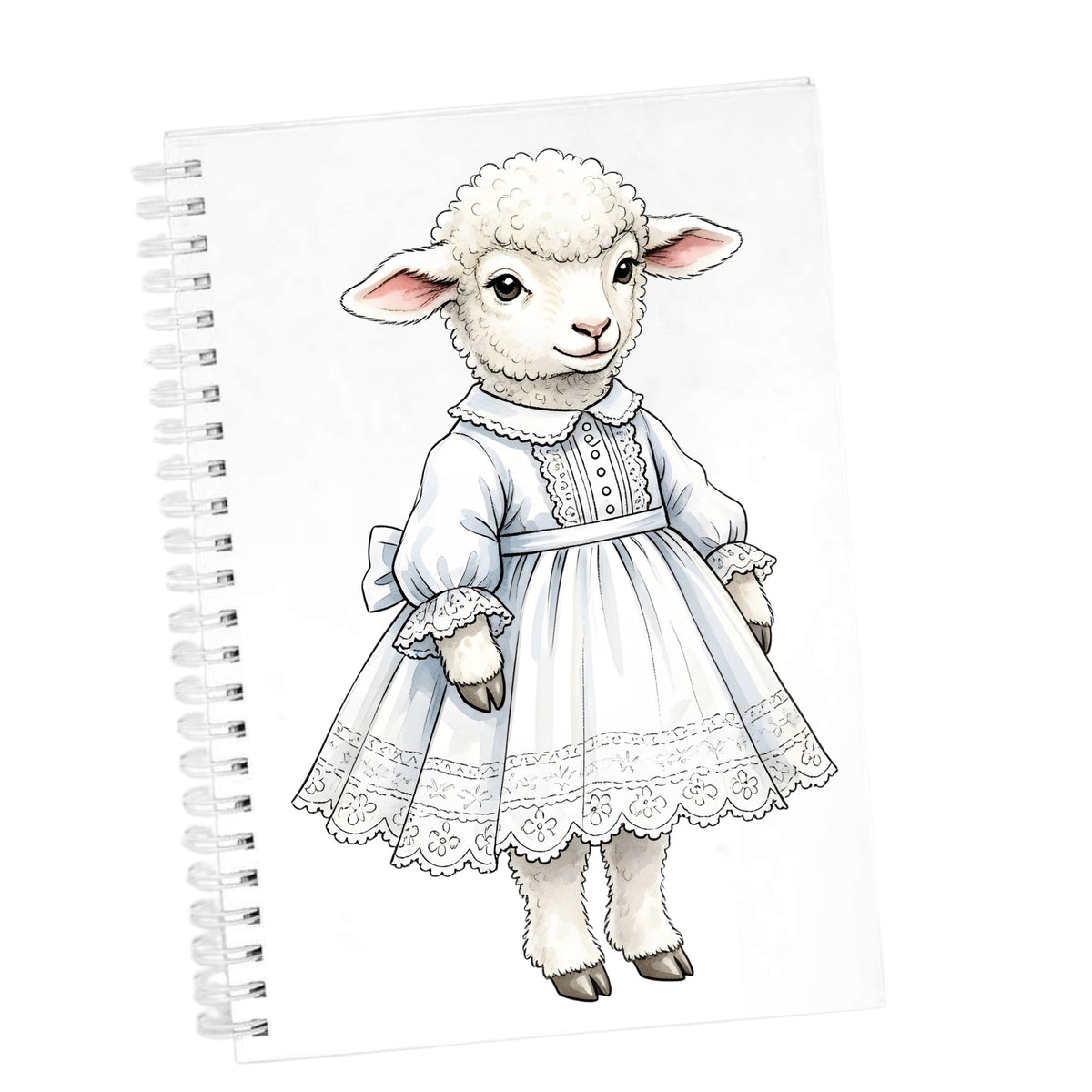 Lamb In White Lace Dress UV DTF sticker applied to the cover of a white spiral journal