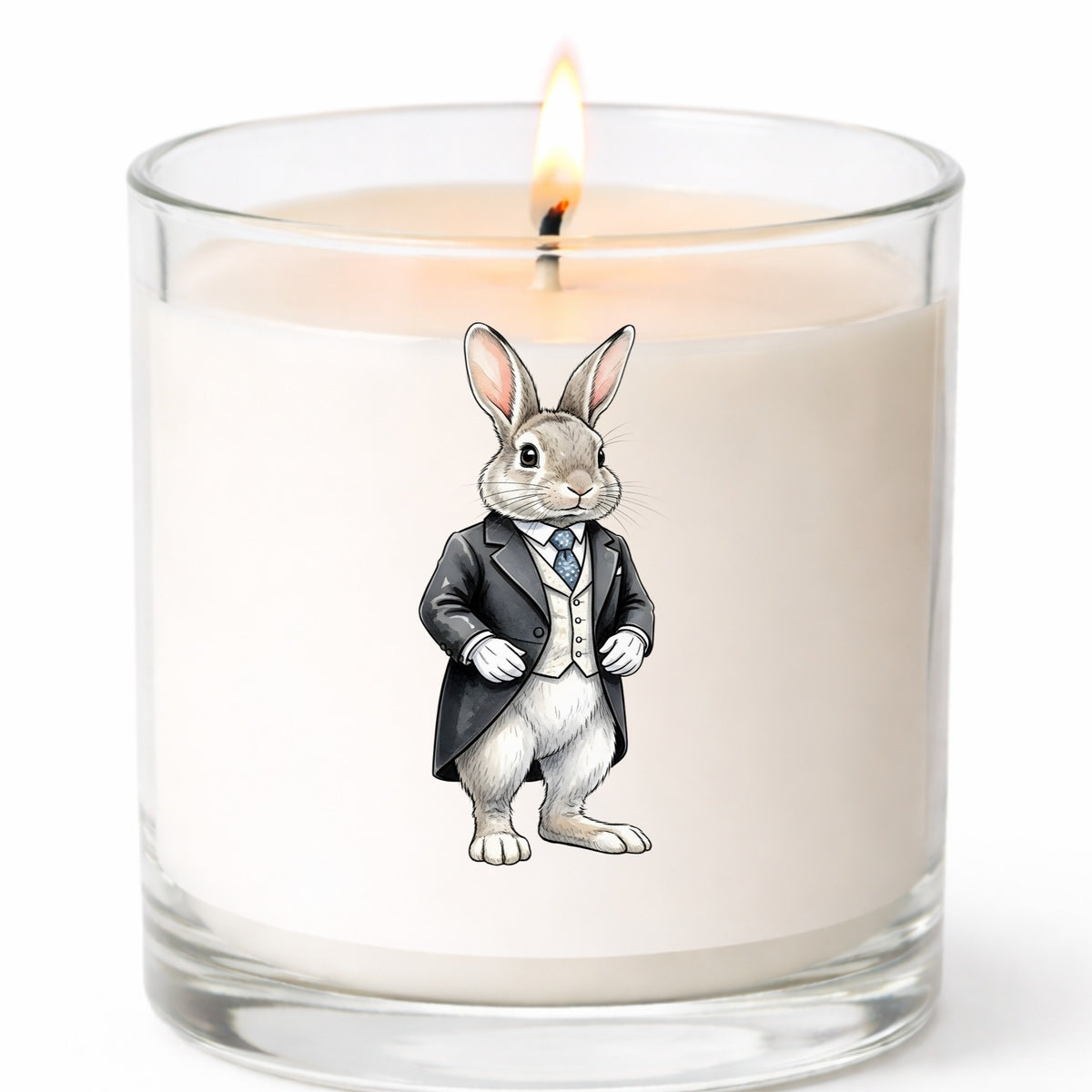 Rabbit Black Tailcoat Blue Tie UV DTF sticker applied to a white candle in a clear glass jar