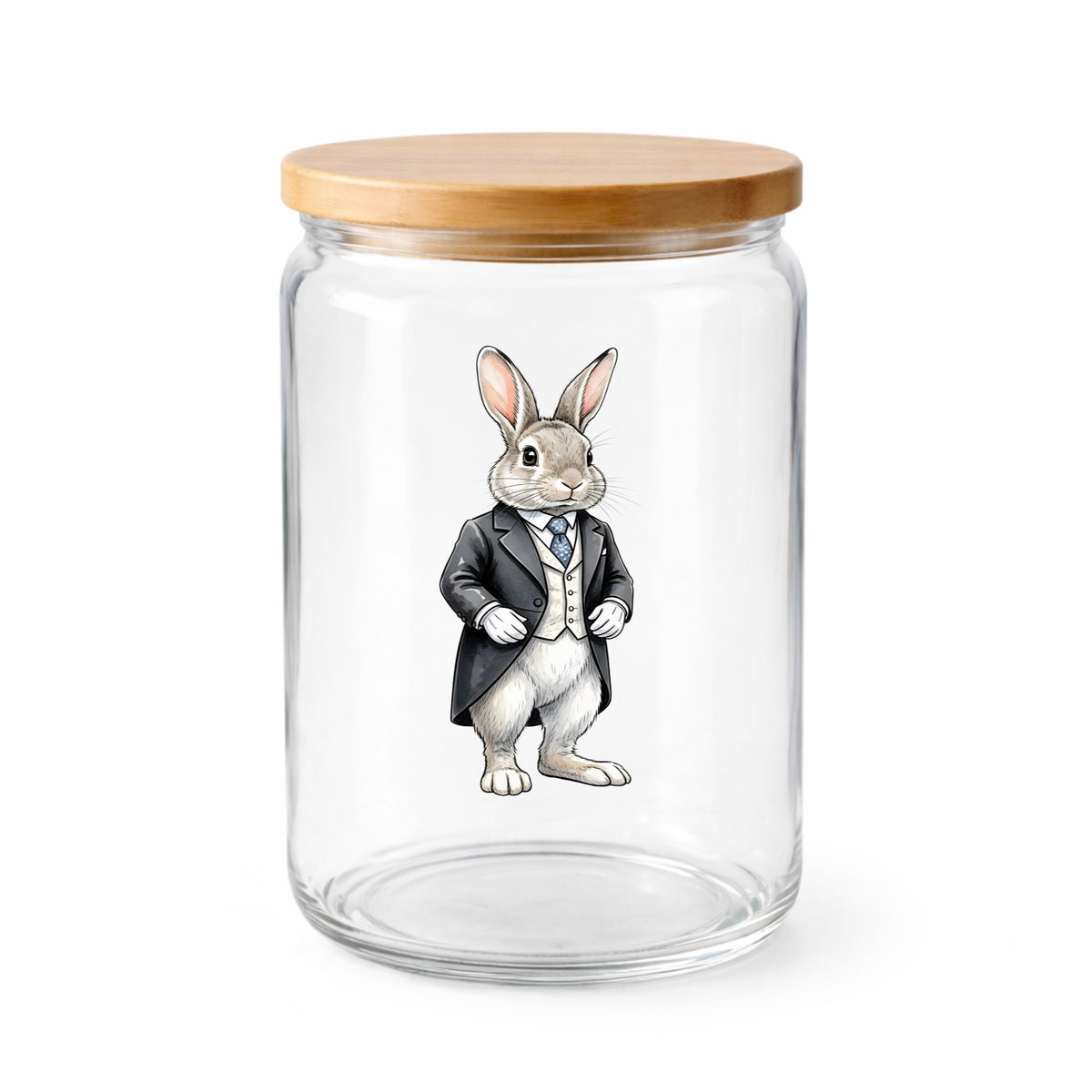 Rabbit Black Tailcoat Blue Tie UV DTF sticker applied to a clear glass jar with a wooden lid