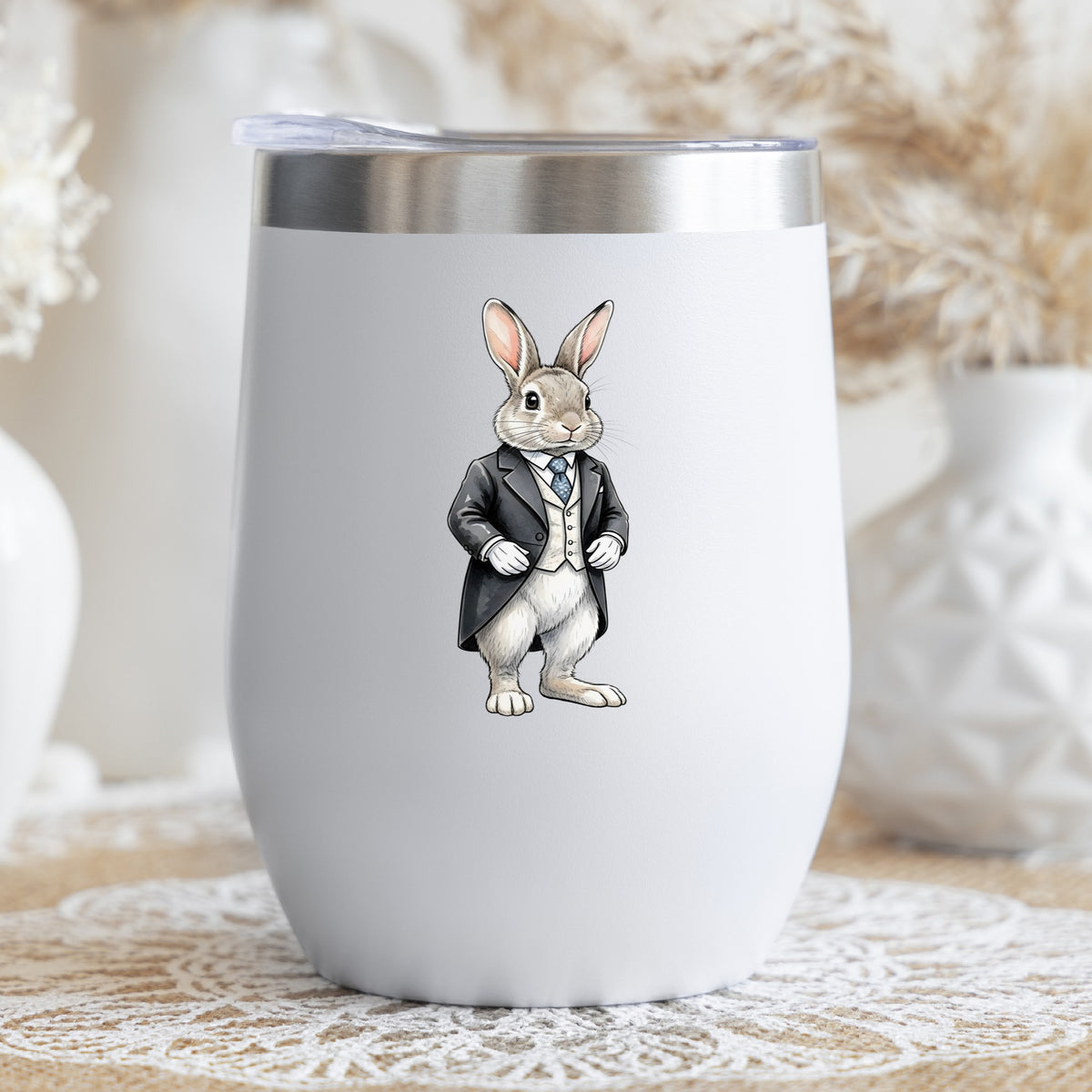 Rabbit Black Tailcoat Blue Tie UV DTF sticker applied to a white stemless tumbler with a lid
