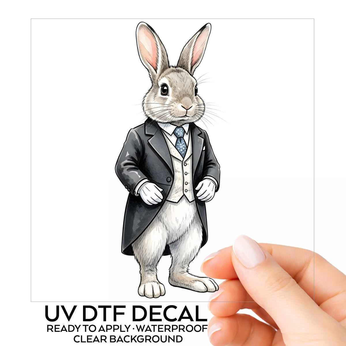 Rabbit Black Tailcoat Blue Tie UV DTF sticker on its backing card, held in hand