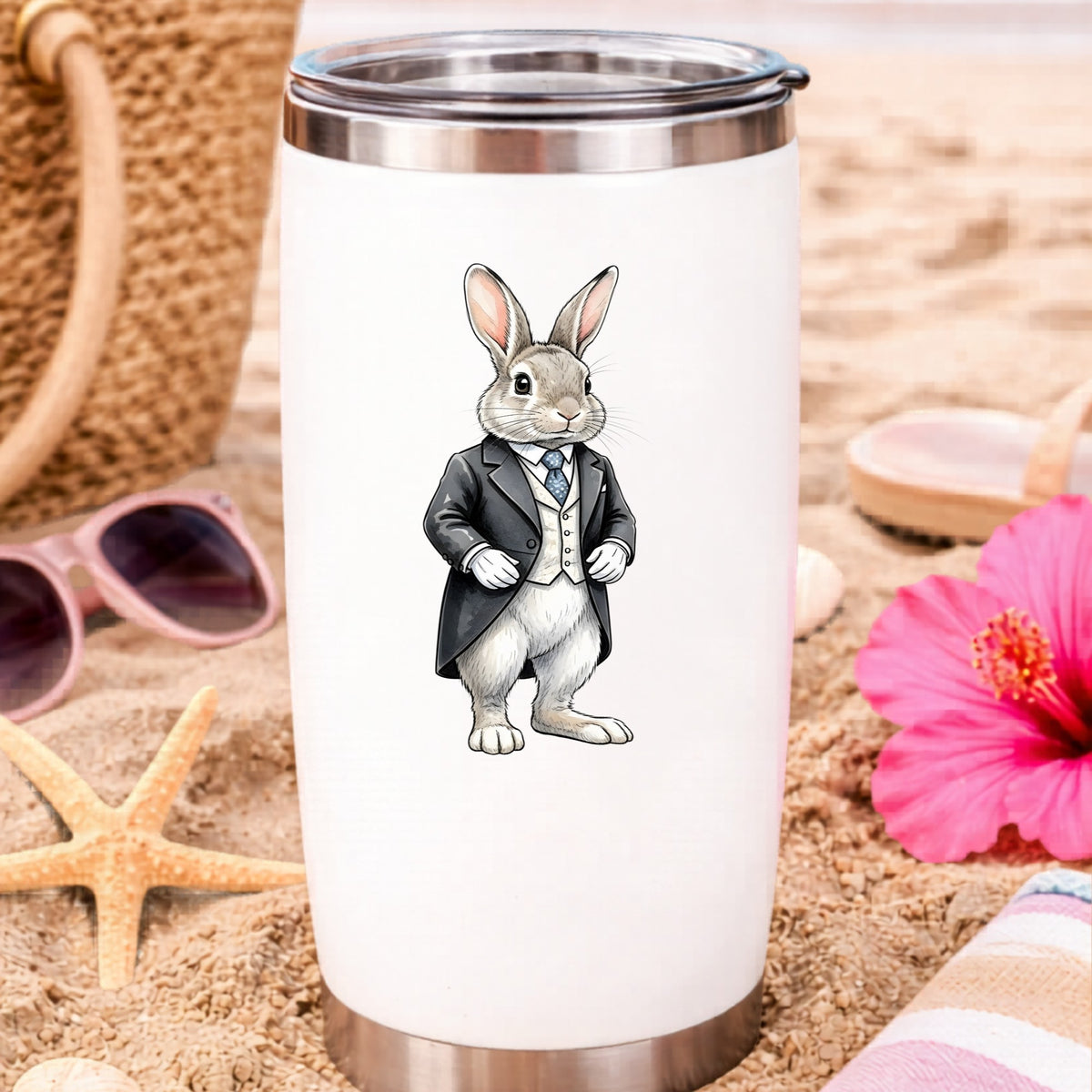 Rabbit Black Tailcoat Blue Tie UV DTF sticker applied to a white travel tumbler on beach sand