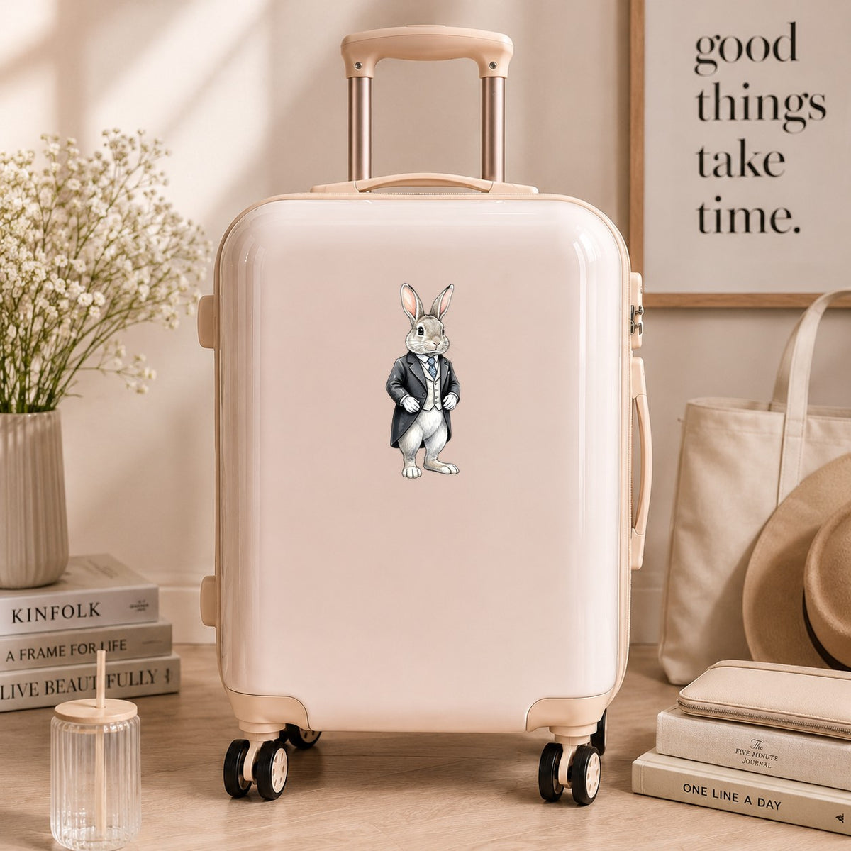 Rabbit Black Tailcoat Blue Tie UV DTF sticker applied to a cream carry-on suitcase