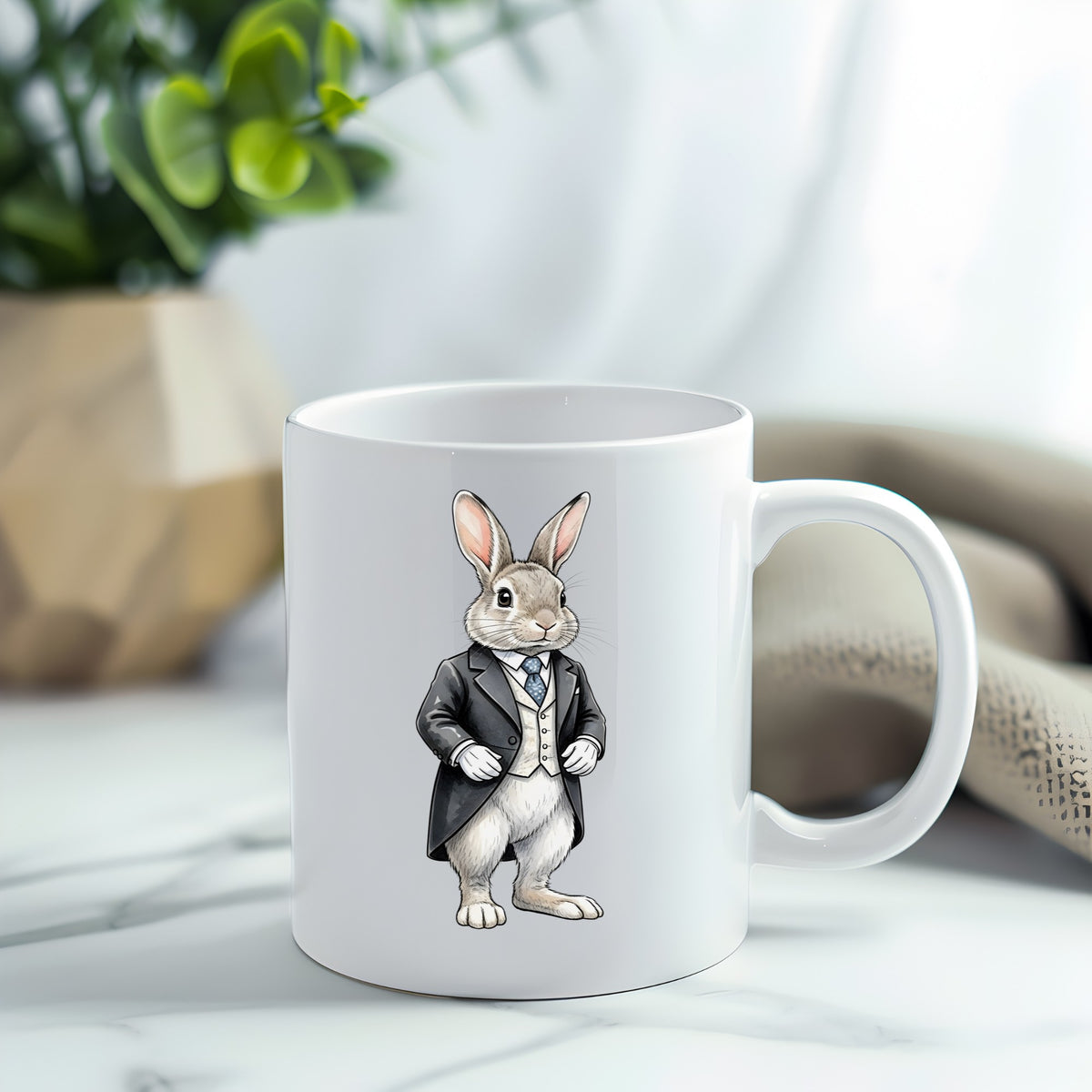 Rabbit Black Tailcoat Blue Tie UV DTF sticker applied to a white coffee mug