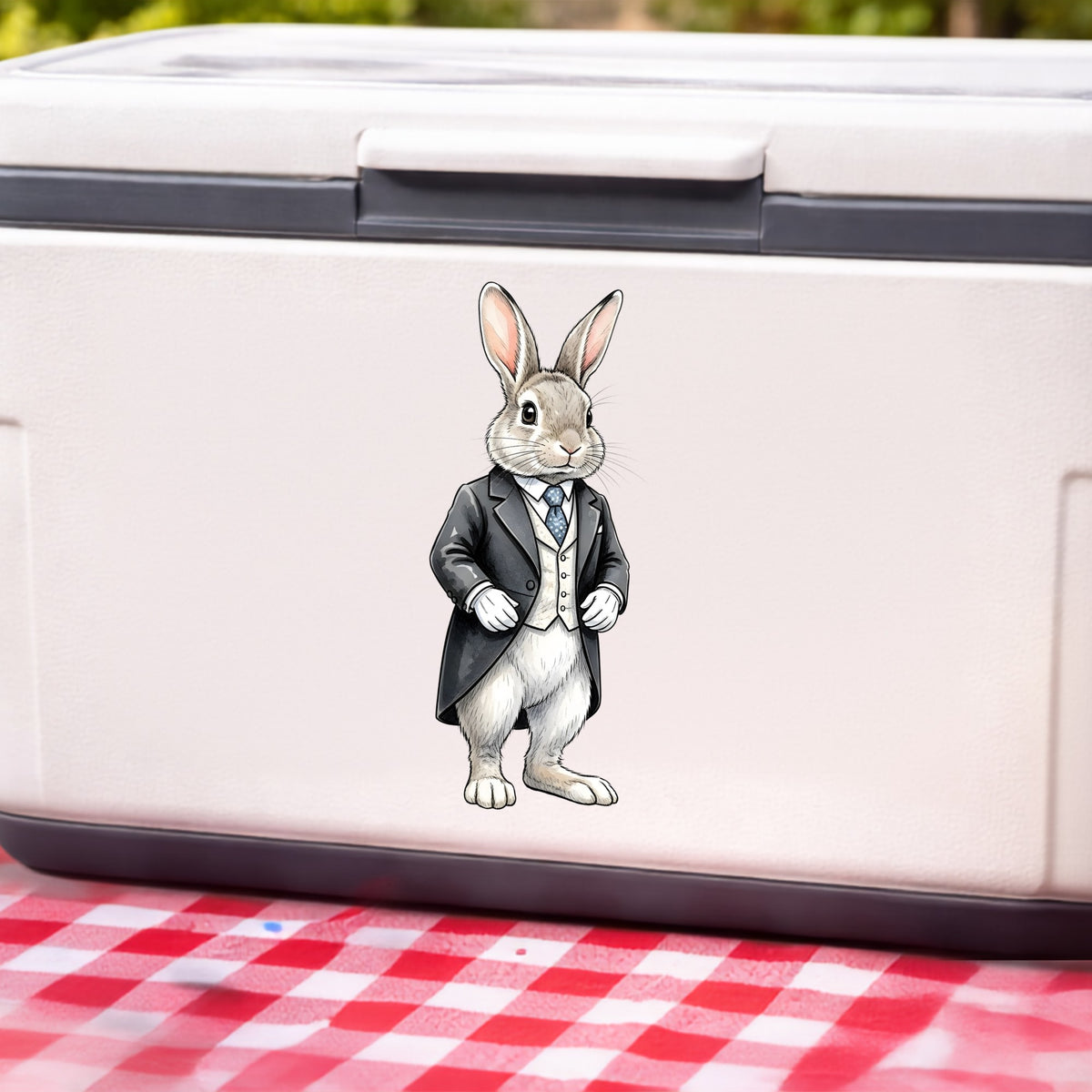 Rabbit Black Tailcoat Blue Tie UV DTF sticker applied to a white cooler on a red gingham cloth